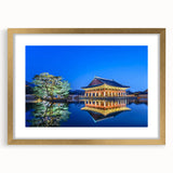 Extra large abstract art print of Seoul skyline in textured gold frame, ideal for living room decor.