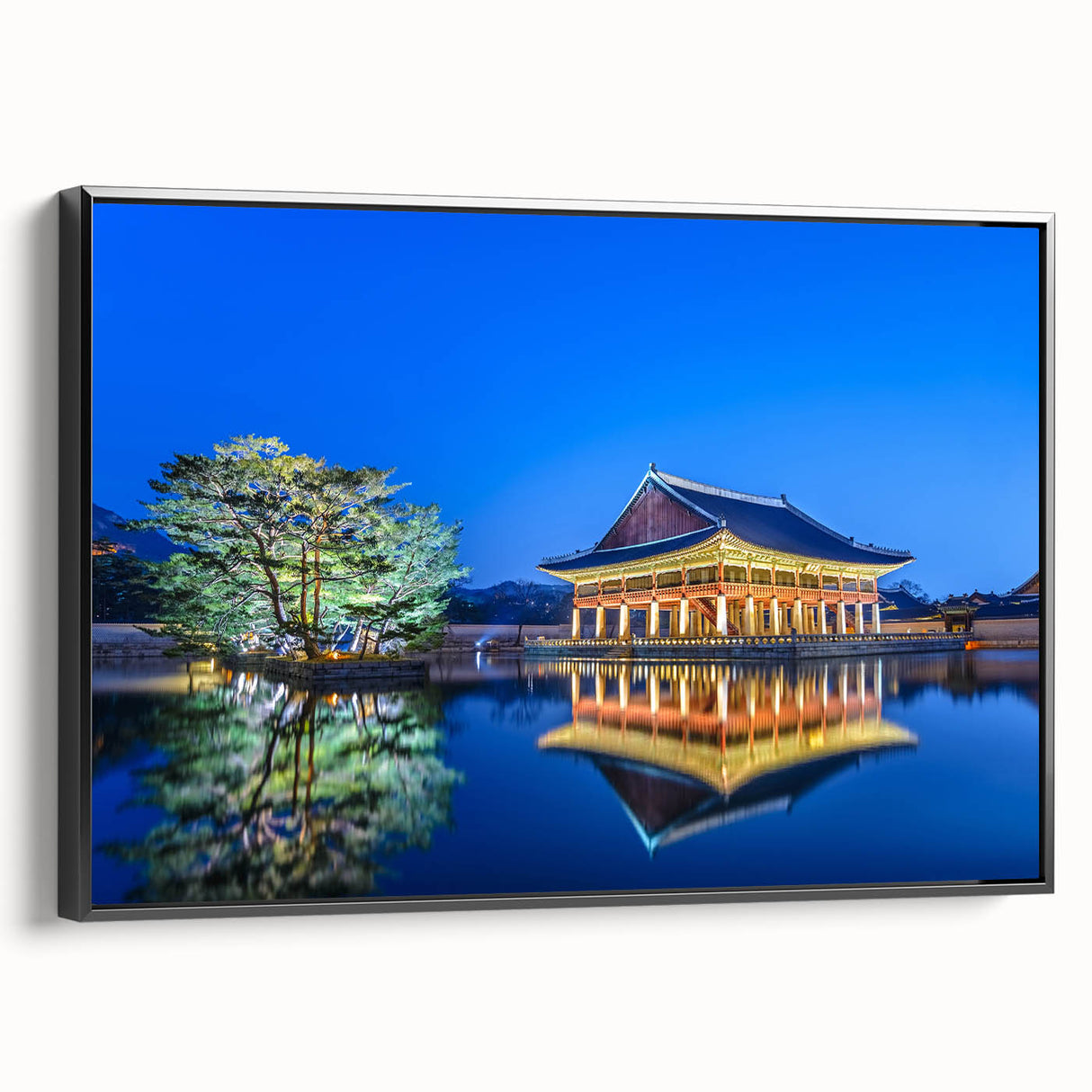 Black and white framed canvas of Seoul landscape in vintage poster style, ideal for bedroom decor.