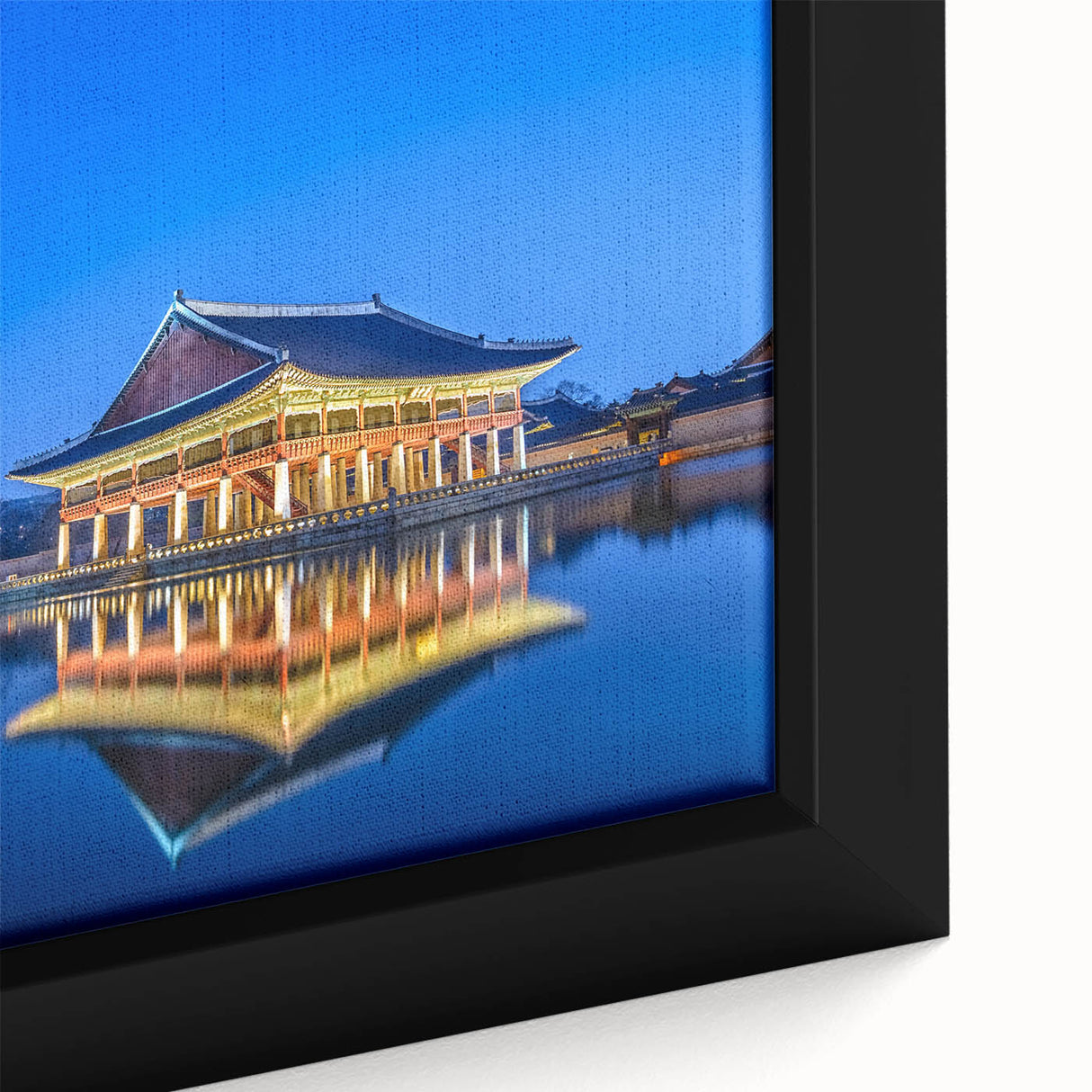 Extra large framed canvas featuring a textured depiction of Seoul's skyline in black with colorful accents.