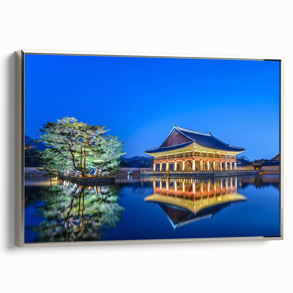 Framed canvas depicting a vintage Seoul landscape in colorful hues, ideal for living room decor.