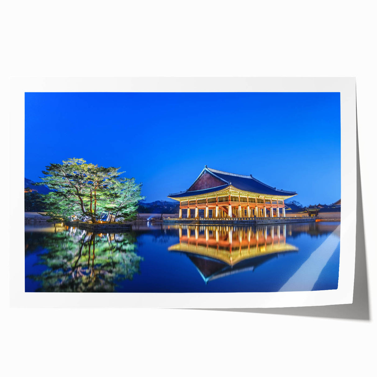 Extra large rolled print of Seoul skyline with soft pink and blue hues, ideal for art wall dining room decor.