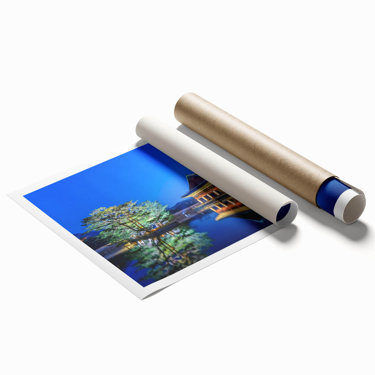 Extra large rolled print of Seoul scenery with floral elements in soft pastel shades.