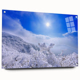 Acrylic print of a Korean landscape in muted green and blue tones, ideal for dining room decor.