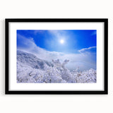 Extra large abstract art print of a colorful, textured Korean landscape on black framed canvas, ideal for living room decor.