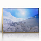 Large art print of a mid-century modernist Korean landscape in acrylic, framed in gold, ideal for modern art wall decor.