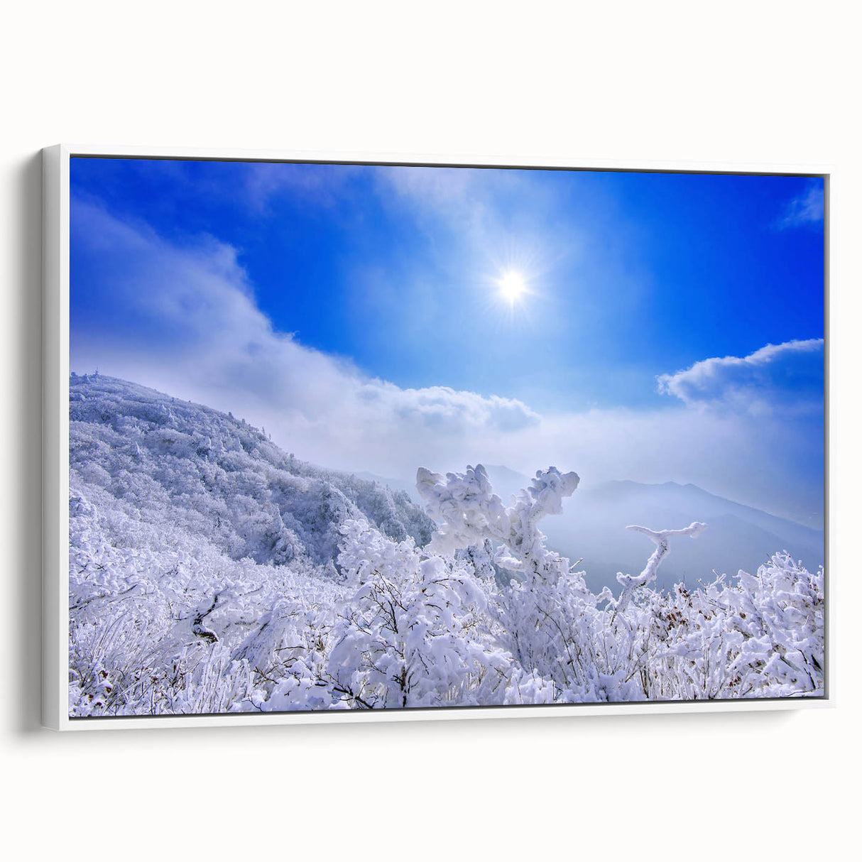 Vintage poster art of a Korean landscape in vibrant colors on a large framed canvas, ideal for living room decor.