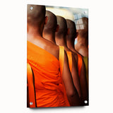 Large abstract wall art of an Asian landscape in muted earth tones on acrylic glass, ideal for dining room decor.