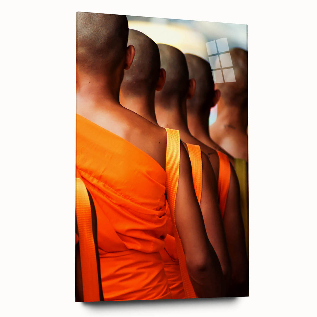 Large abstract wall art depicting an Asian landscape in muted earth tones on acrylic glass.