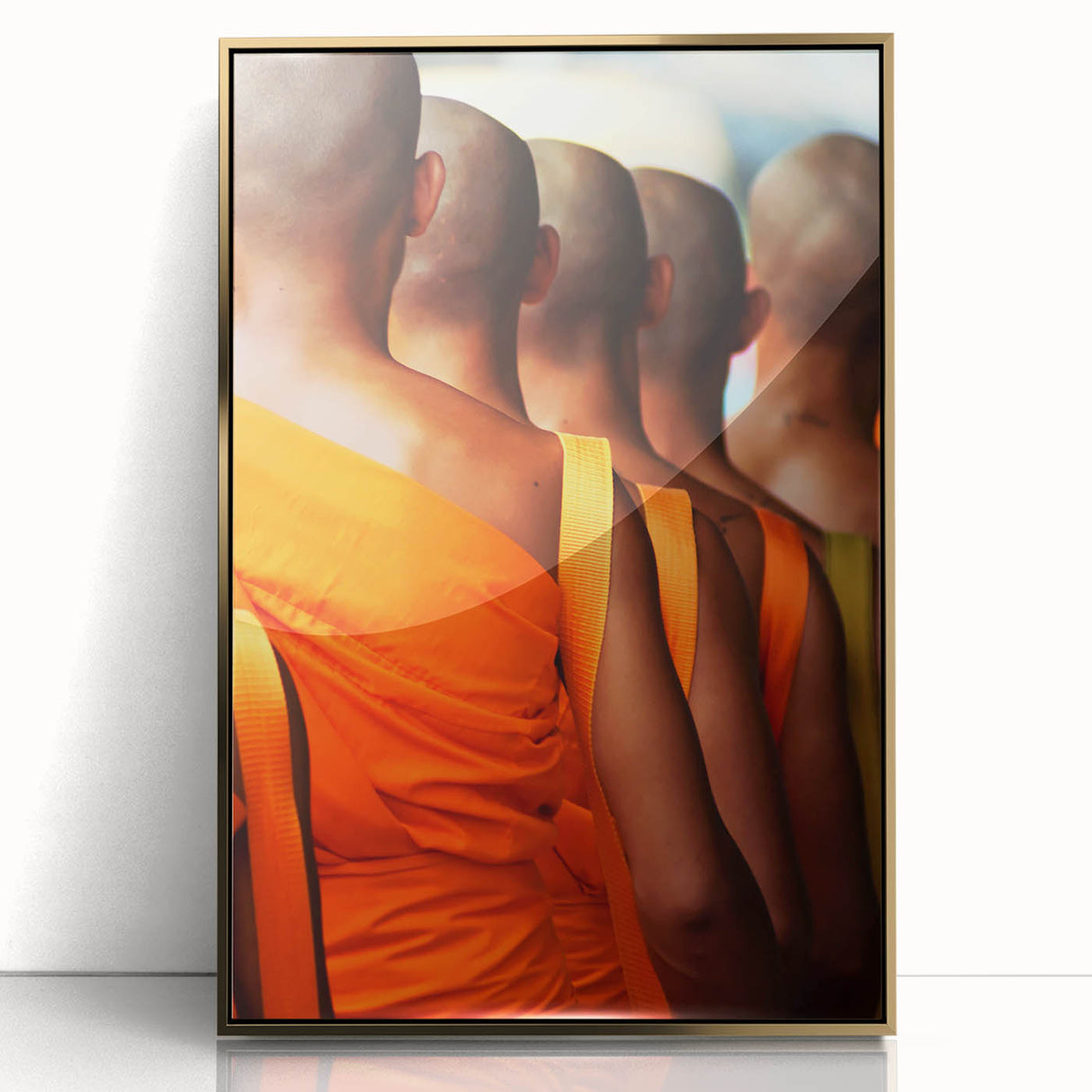 Large art print of a Laotian landscape in muted gold and green tones, framed in acrylic, suitable for modern art wall decor.