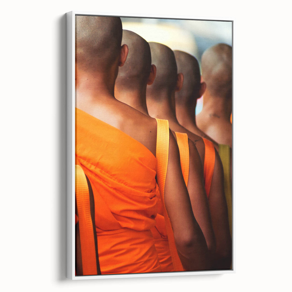 Vintage poster art of a Laos scenery on a white-framed canvas, featuring vivid colors, ideal for living room decor.