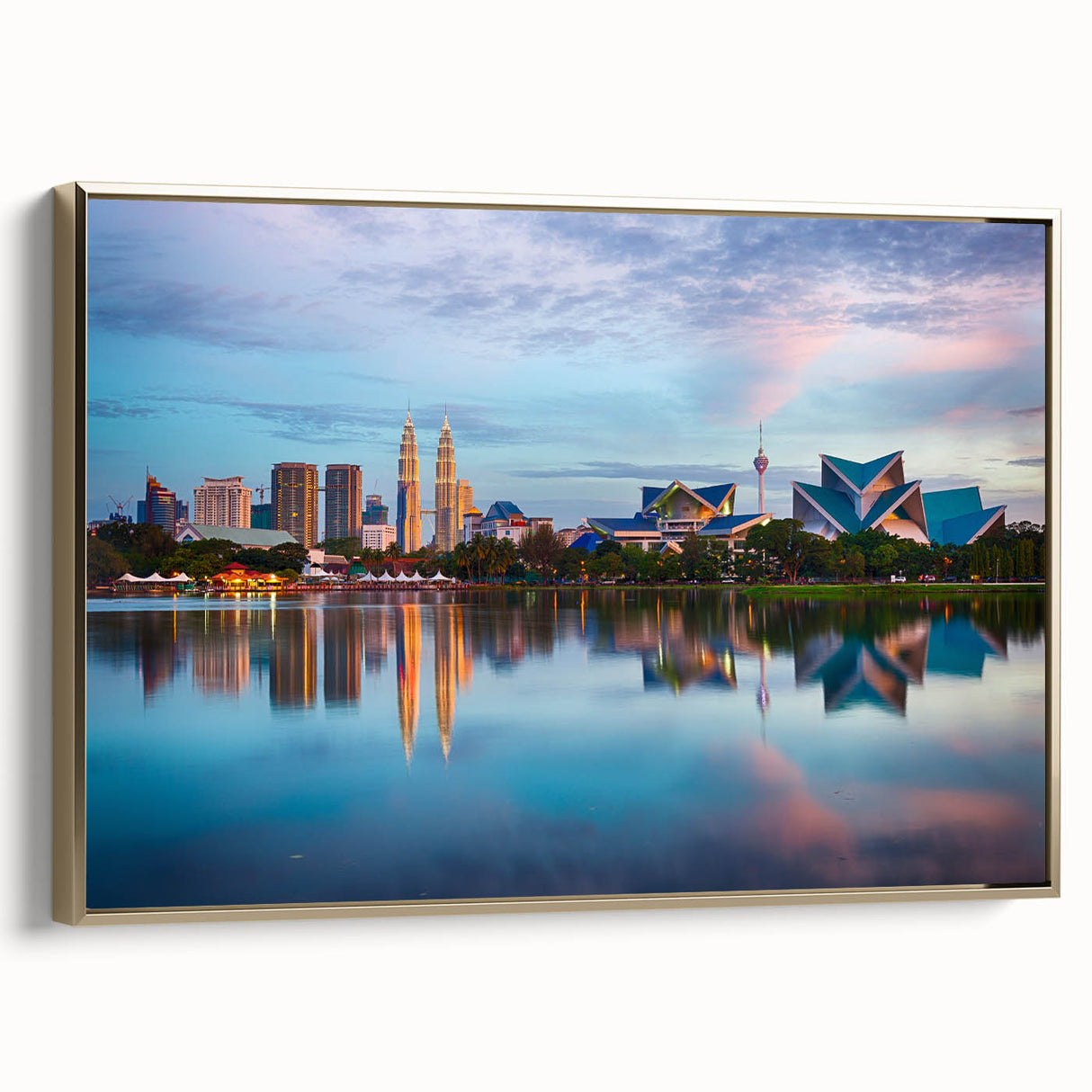 Framed canvas featuring a vintage-style landscape of a Malaysian scenery in black and gold tones, ideal for bedroom wall art.