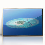 Mid-century modernist style Maldives scenery in vibrant blue and green hues on a gold-framed acrylic print.