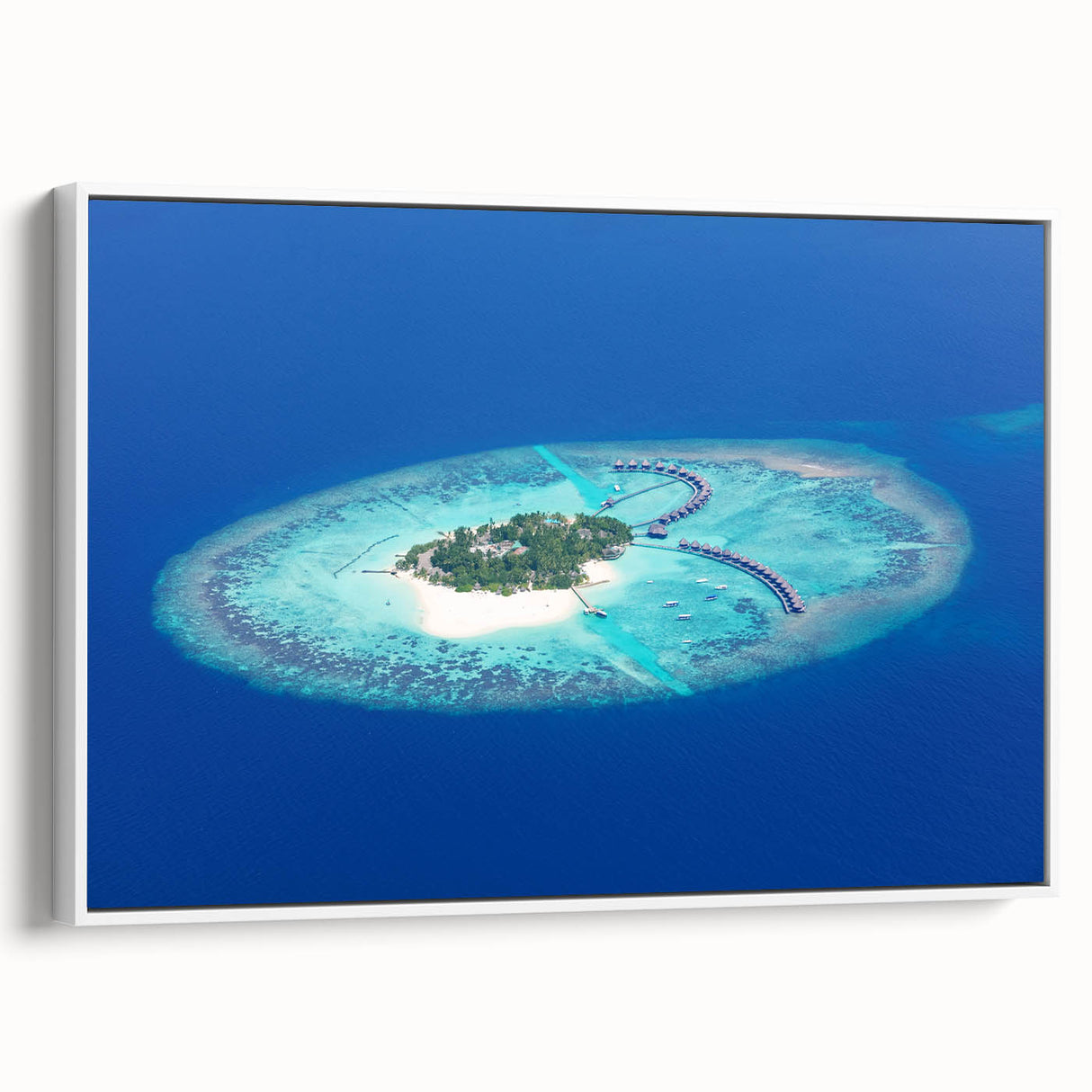Vintage poster art of a Maldives scenery on a framed canvas, featuring vibrant blue and green tones.