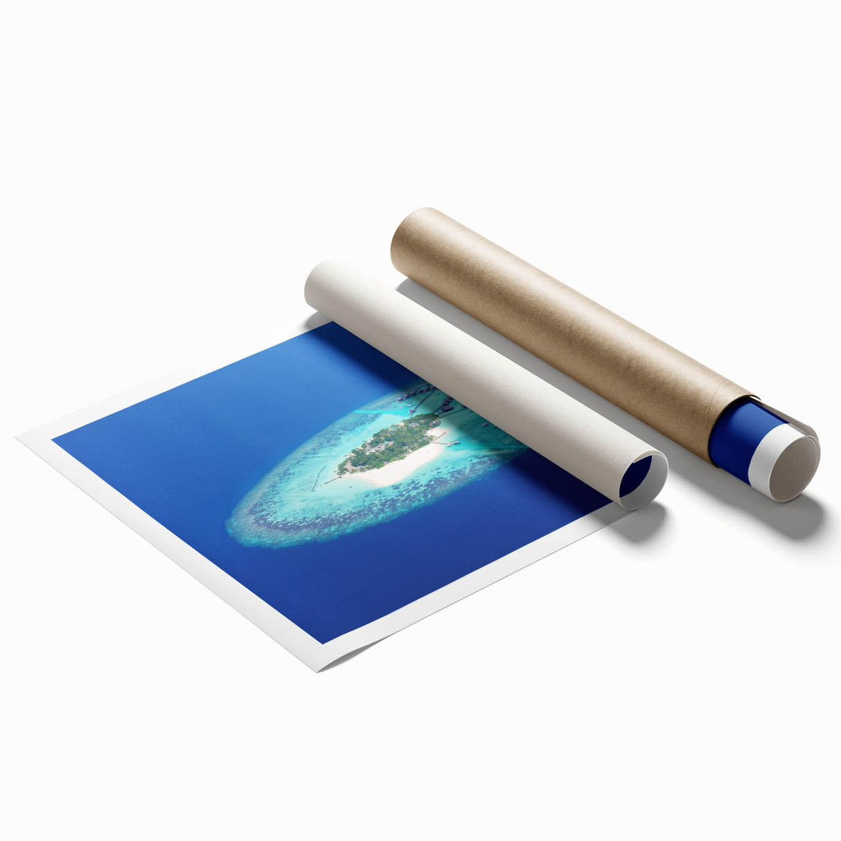 Extra large rolled print depicting a serene Maldivian landscape with vibrant blue and green tones.
