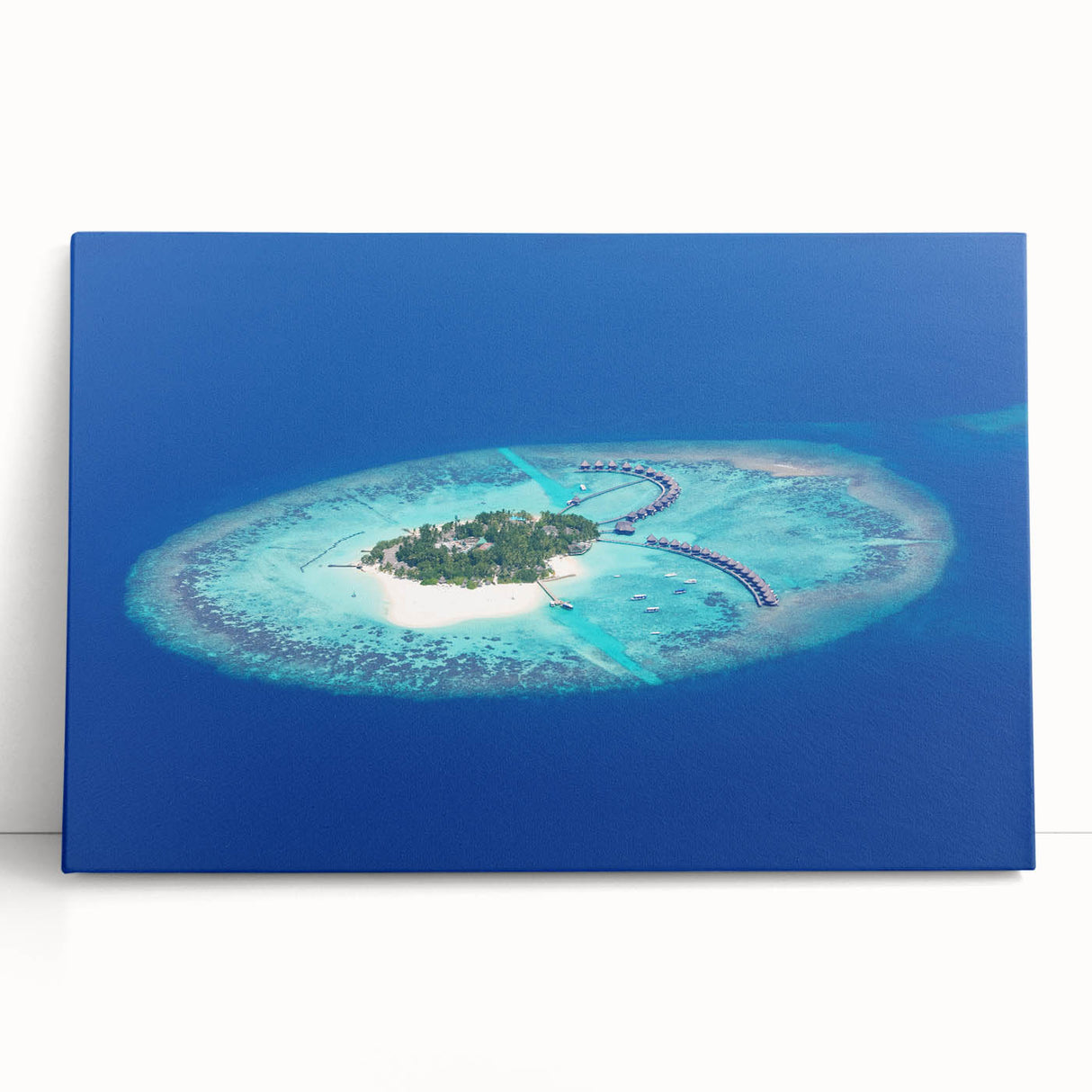 Black and white photograph of the Maldives on stretched canvas, suitable as large kitchen or bedroom wall art.