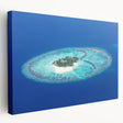 Large stretched canvas depicting a serene Maldives beach scene in soft blue and white tones, ideal for kitchen wall art.