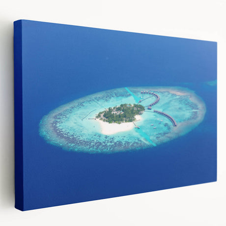 Large stretched canvas depicting a serene Maldives beach scene in soft blue and white tones, ideal for kitchen wall art.
