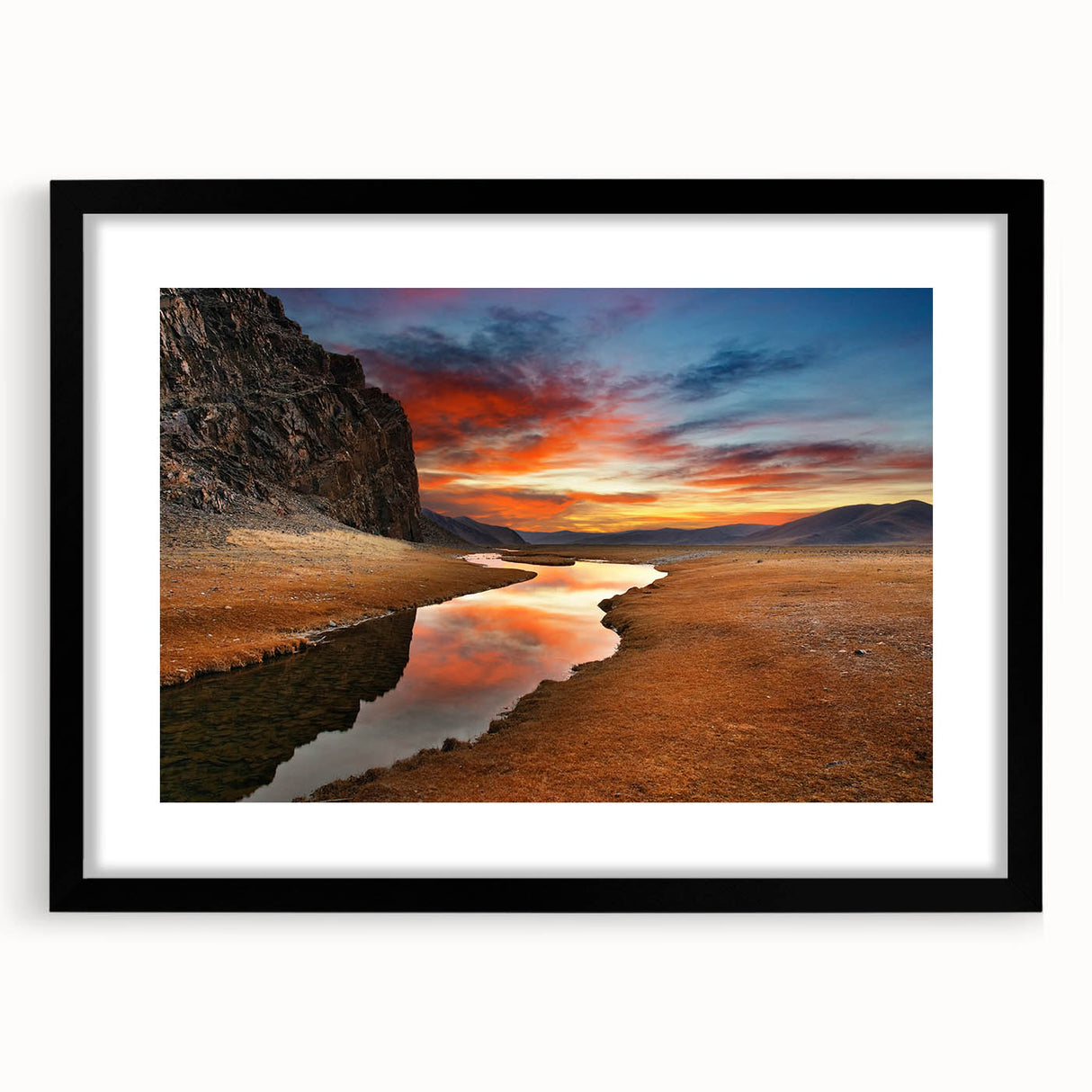 Abstract art print depicting a vibrant, colorful Mongolian landscape on a large, textured canvas.