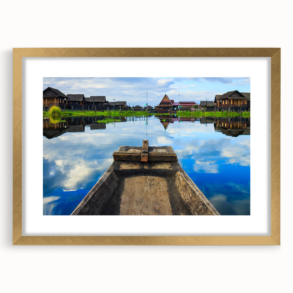 Extra large abstract art print of a textured Myanmar scenery in muted earth tones, framed in gold.