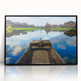 Large abstract wall art depicting a Myanmar landscape in muted earth tones, framed in black acrylic.