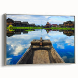 Framed canvas depicting a vintage-style landscape of Myanmar with colorful art and black accents.