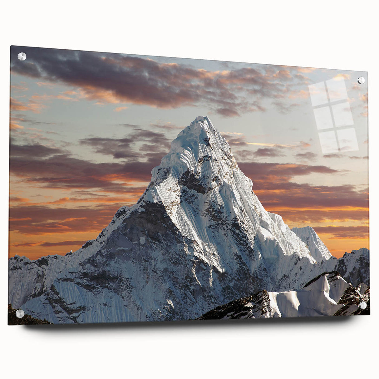Acrylic print of Mount Everest in muted blue and white tones, suitable for bedroom or dining room decor.