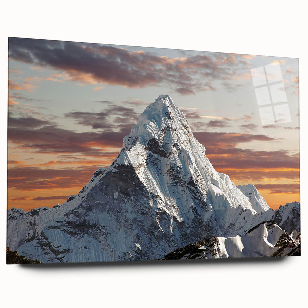 Large abstract wall art depicting the Everest scenery in muted earth tones on acrylic glass.