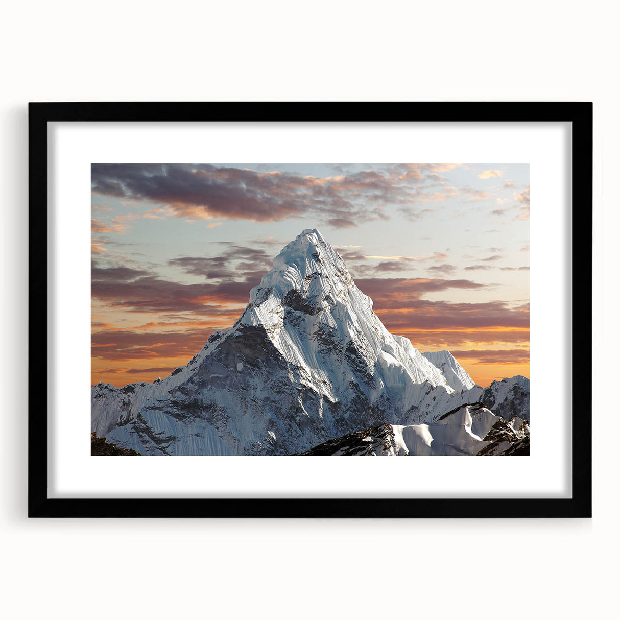 Extra large framed wall art depicting an abstract, textured rendition of Mount Everest in vibrant, colorful hues.