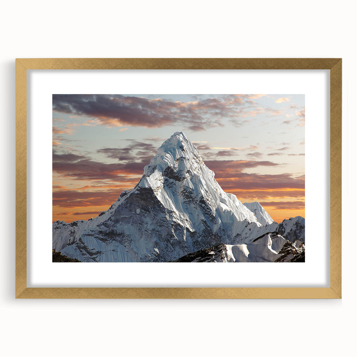 Extra large wall art featuring an abstract depiction of Mount Everest in textured blues and grays, framed in gold.