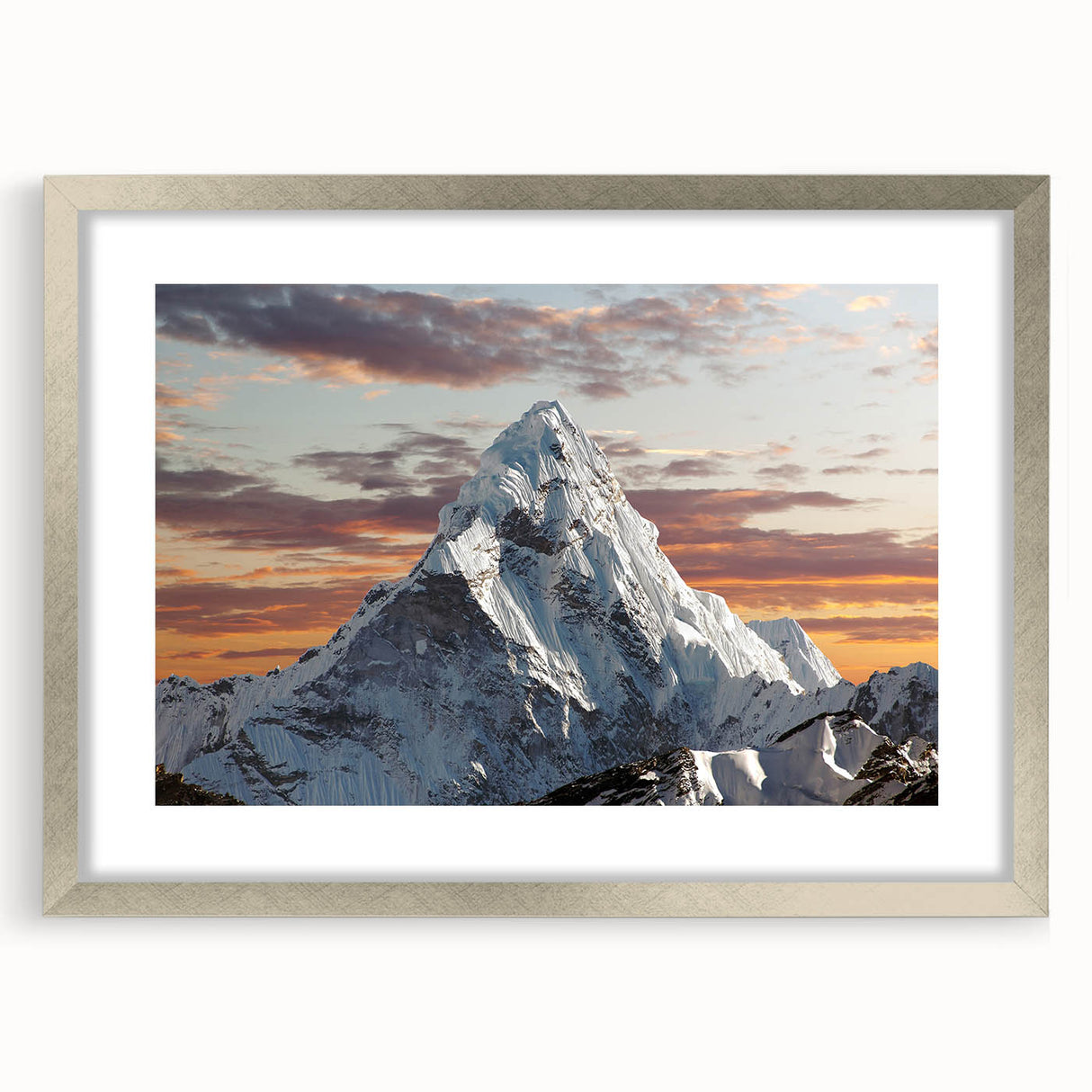 Textured art print of Mount Everest in muted blue and gray tones on a framed canvas, suitable for bedroom decor.