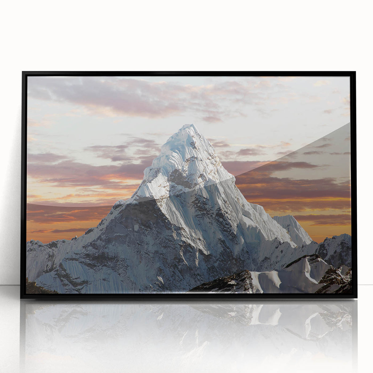 Large abstract wall art depicting a stylized Mount Everest scene in muted gray and blue tones, framed in black acrylic.
