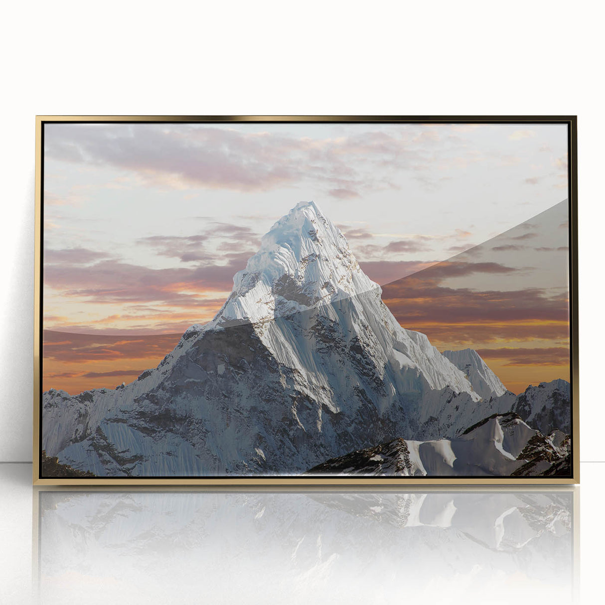Mid-century modernist style large art print of Mount Everest in muted earth tones on acrylic.