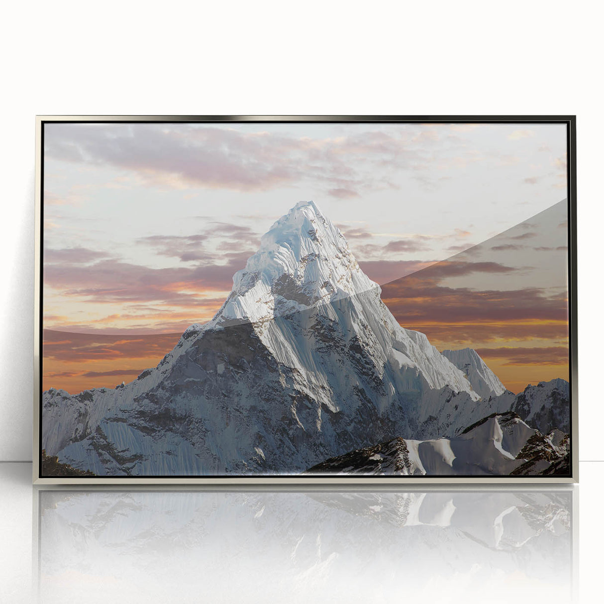 Mid-century modernist art of Mount Everest in muted earth tones, acrylic framed, ideal for modern art wall decor.