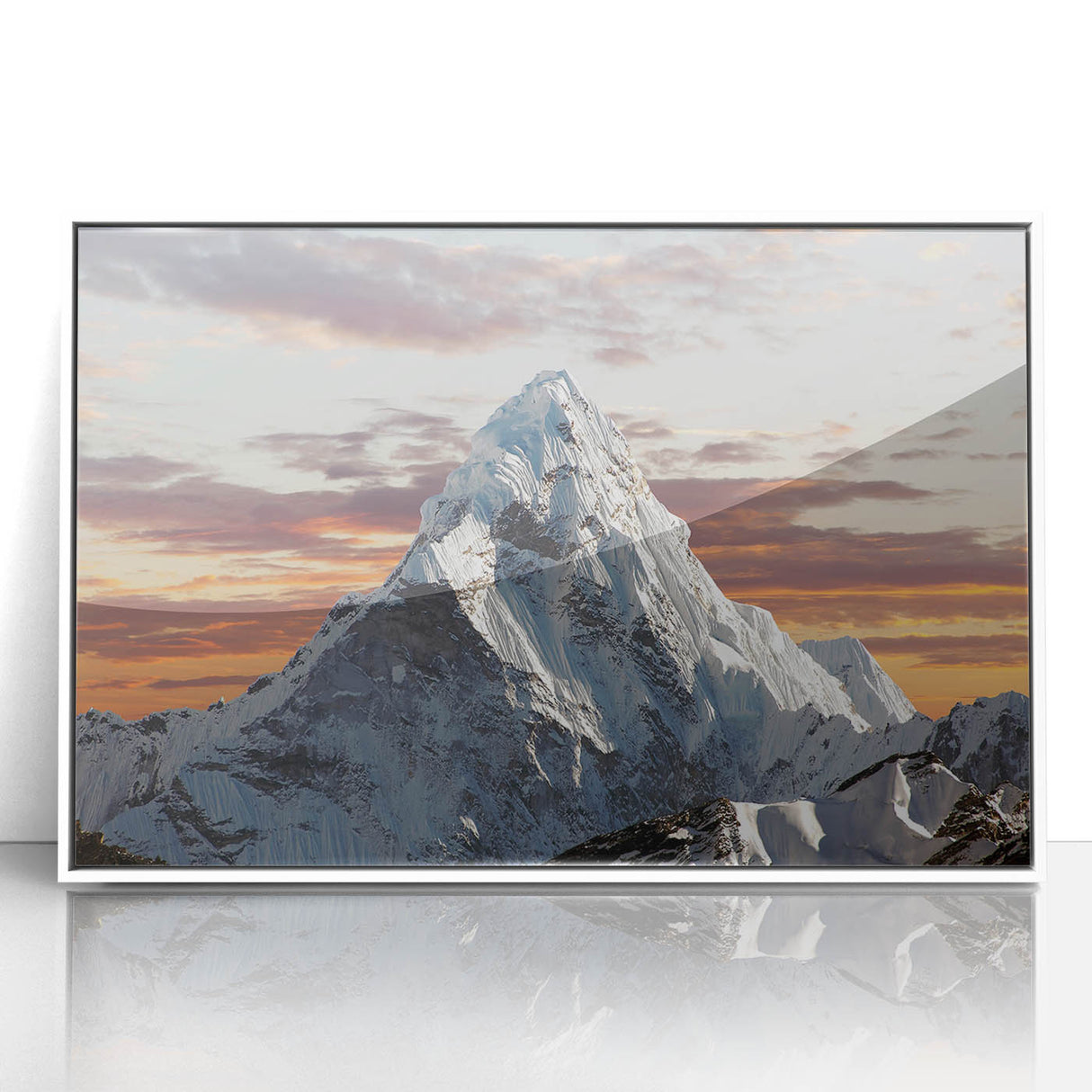 Acrylic print of Everest scenery with a white frame, featuring muted earth tones, ideal for modern art wall decor.