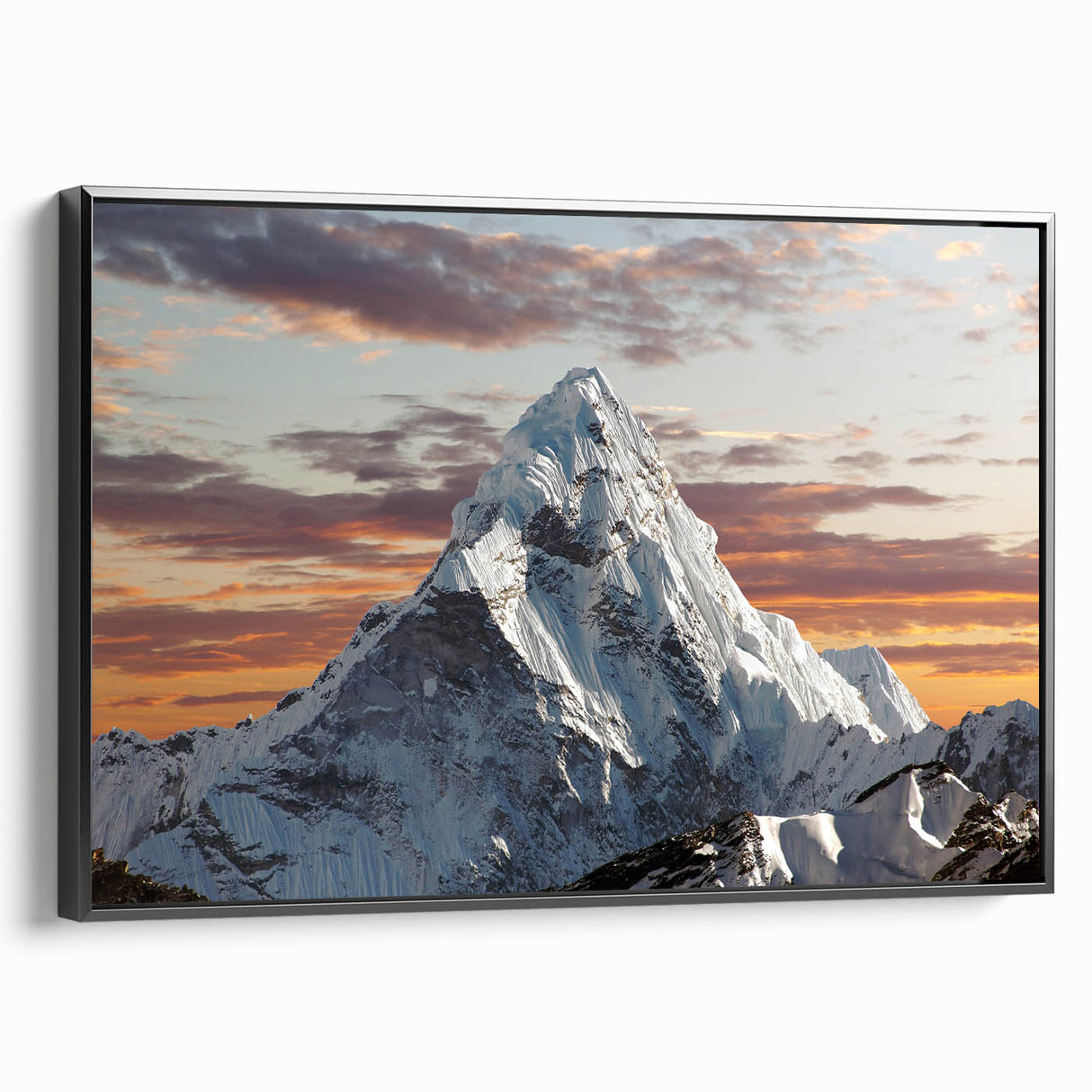 Black and white framed canvas of Mount Everest landscape, ideal for bedroom wall art.