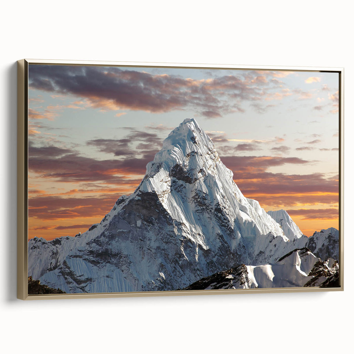 Framed canvas wall art depicting Mount Everest in muted gold and black tones, suitable for bedroom decor.