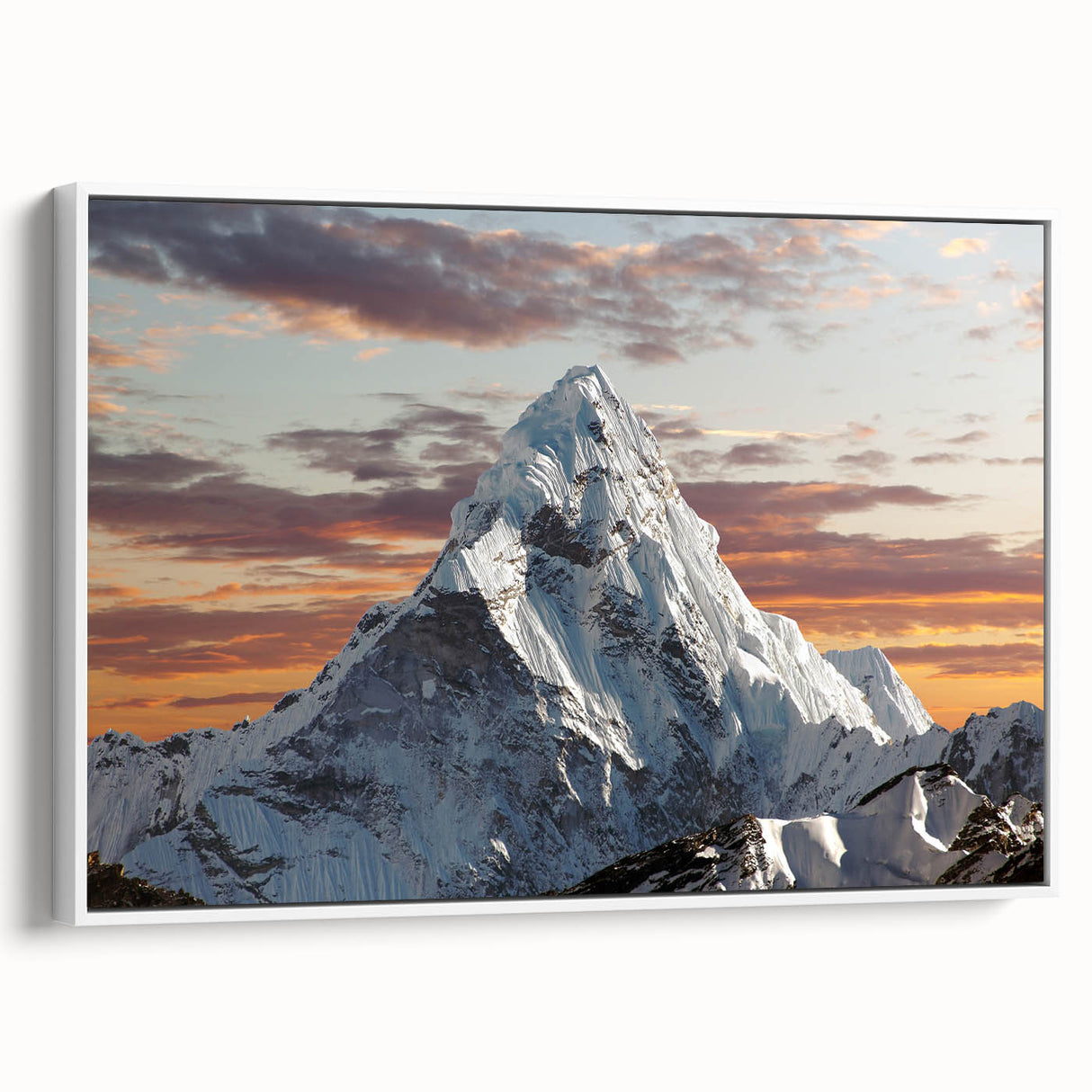 Framed canvas vintage poster art of Mount Everest in vibrant colors, ideal for large living room walls.