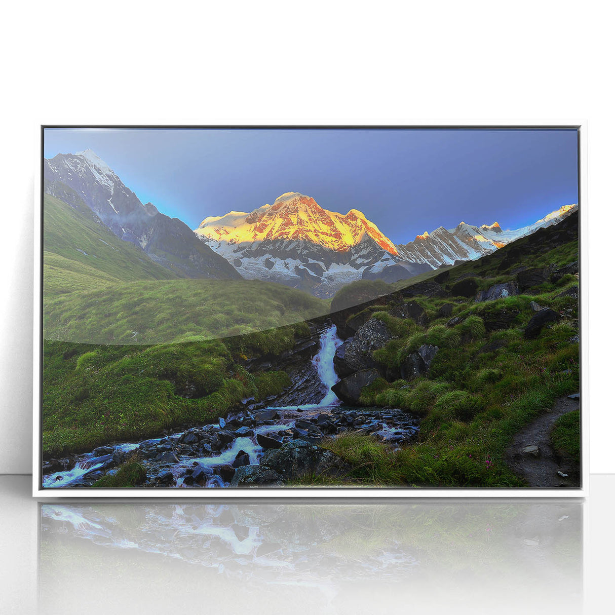 Art Deco poster featuring a serene Nepalese landscape in muted earth tones on a framed acrylic panel.