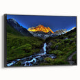 Black and white framed canvas featuring a vintage-style landscape painting of a Nepalese scene, ideal for bedroom wall decor.