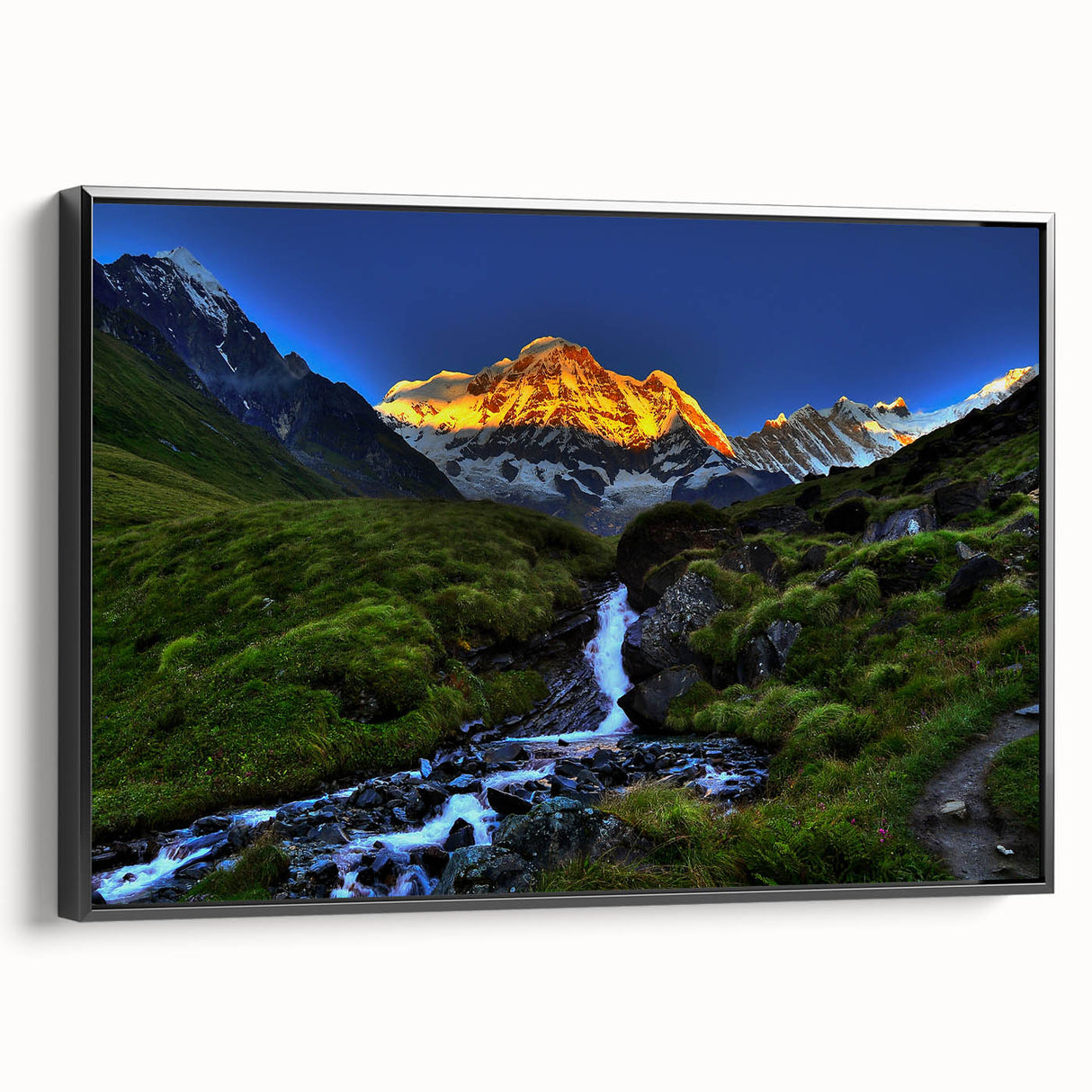 Black and white framed canvas featuring a vintage-style landscape painting of a Nepalese scene, ideal for bedroom wall decor.