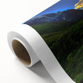 Art Deco-style poster of a serene Nepalese landscape in muted earth tones on rolled canvas, ideal for nursery wall art.