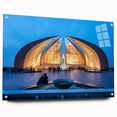 Acrylic glass print of a serene Pakistani landscape in muted greens and blues, suitable for bedroom or dining room decor.
