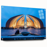 Acrylic glass print of a serene Pakistani landscape in muted greens and blues, suitable for bedroom or dining room decor.