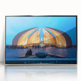 Mid-century modernist art depicting a serene Pakistani landscape in muted earth tones on a framed acrylic panel.