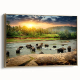 Framed canvas depicting a vintage-style landscape of Sri Lanka in gold and black, ideal for bedroom wall art.
