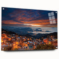 Large abstract wall art depicting a Taiwanese landscape in vibrant greens and blues on acrylic glass.