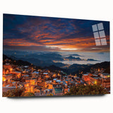 Large abstract wall art of a serene Taiwan landscape in muted blues and greens on acrylic glass.