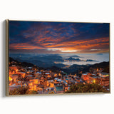 Framed canvas featuring a vintage-style landscape painting of Taiwan, with muted gold and black tones.