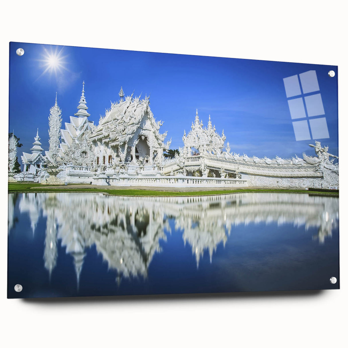 Acrylic print of a large abstract Bangkok cityscape in muted gray and blue tones.