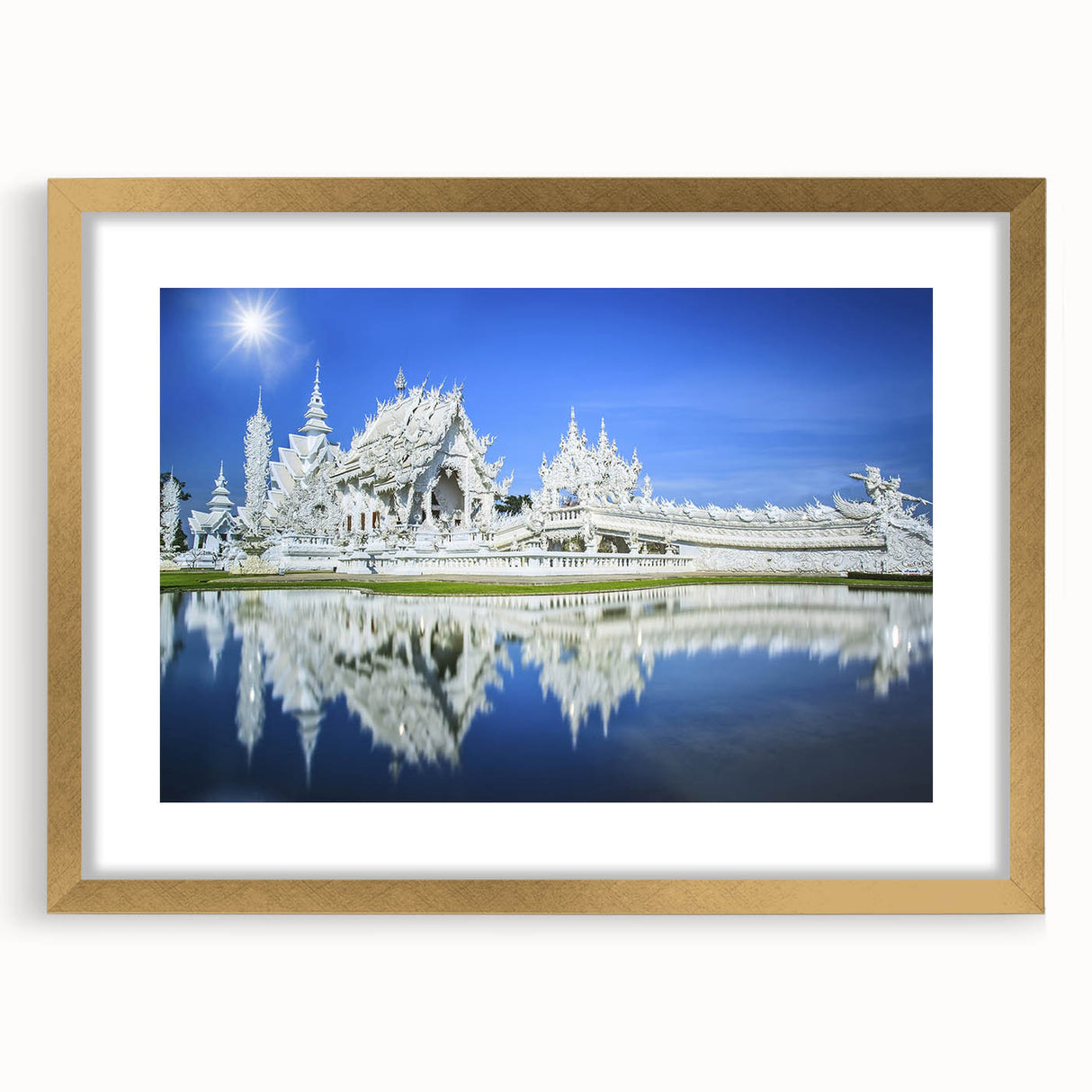 Extra large abstract art print of Bangkok skyline in gold frame, featuring textured strokes and vibrant colors.